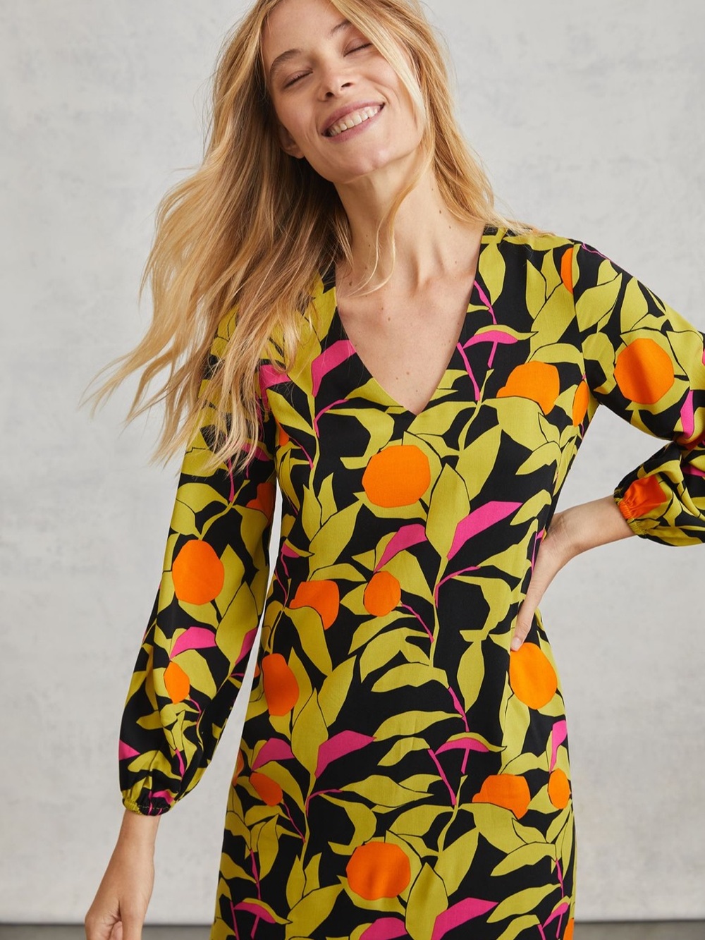 Corey Lynn Calter Black Midi Dress with Orange and Lime Leaf Print